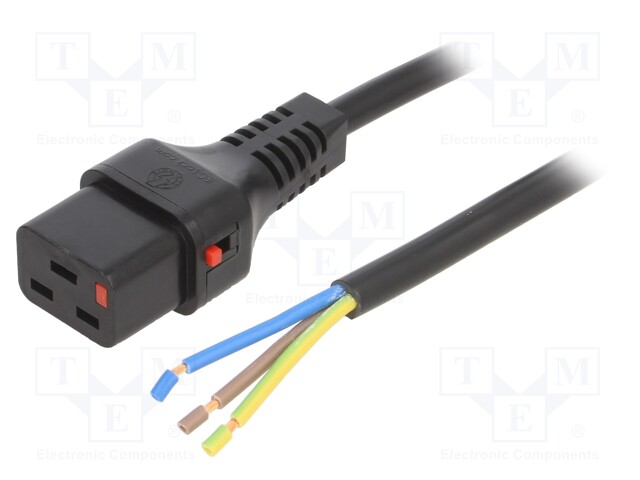 Cable; IEC C19 female,wires; 5m; with IEC LOCK locking; black