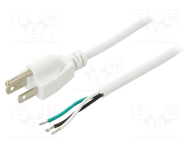 Cable; 3x18AWG; NEMA 5-15 (B) plug,wires; PVC; 2m; white; 10A; 125V