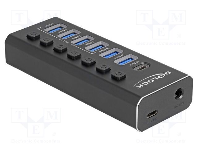 Hub USB; DC socket,USB A socket x6,USB C socket x2; grey; metal