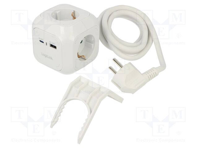 Plug socket strip: protective; Sockets: 4; 230VAC; 16A; white; 1.4m