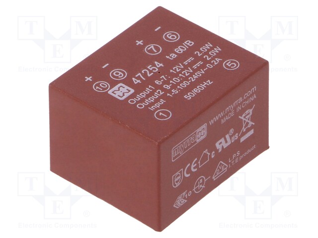 Converter: AC/DC; 4W; Uout: 12VDC; Iout: 165mA; 72%; Mounting: PCB