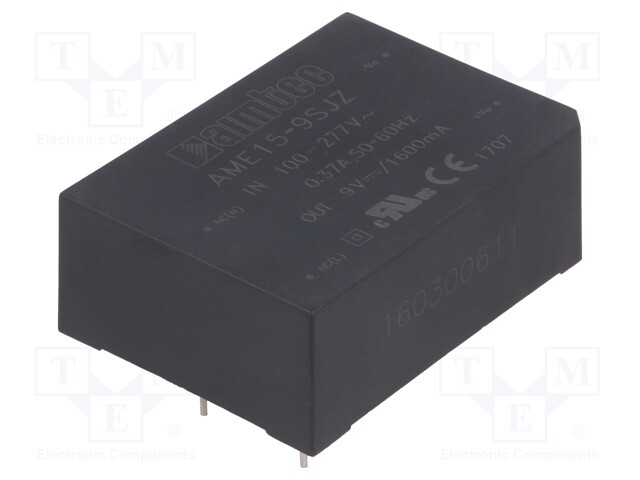 Converter: AC/DC; 15W; Uout:9VDC; Iout:1.6A; 79%; Mounting: PCB; 3kV