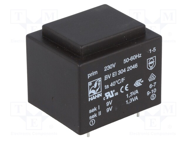 Transformer: encapsulated; 2.6VA; 230VAC; 9V; 9V; 145mA; 145mA; 99g