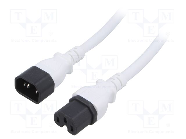 Cable; 3x14AWG; IEC C14 male,IEC C15 female; PVC; 5m; white; 15A