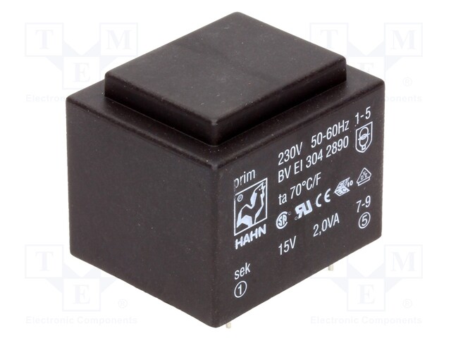 Transformer: encapsulated; 2VA; 230VAC; 15V; 133mA; Mounting: PCB
