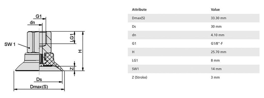 Suction cup; 30mm; 12g; G 1/8 F; Shore hardness: 55; 1.6cm3; SUF