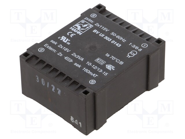 Transformer: encapsulated; 6VA; 115/115VAC; 18V; 18V; 166mA; 166mA