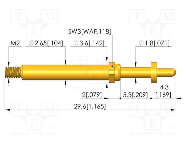 Test needle; Spring compression: 4mm; 5mm; 8A; CuBe; gold-plated