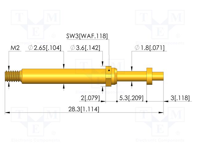 Test needle; Spring compression: 4mm; 5mm; 8A; CuBe; gold-plated