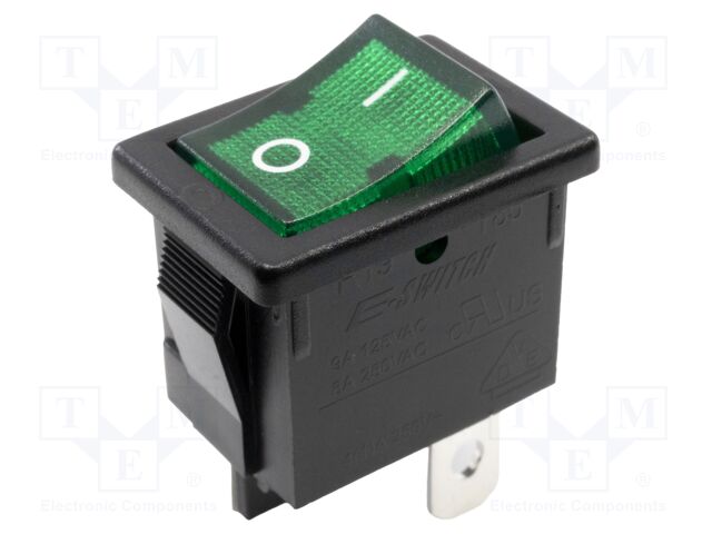 ROCKER; SPST-NO; Pos: 2; ON-OFF; 6A/250VAC; green; LED; Body: black