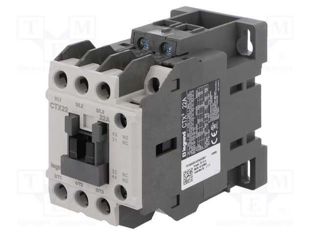 Contactor: 3-pole; NO x3; Auxiliary contacts: NO + NC; 230VAC; 22A