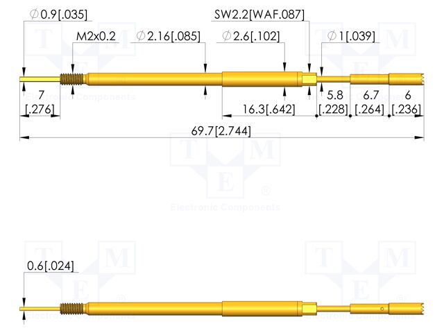 Test needle; Spring compression: 5mm; 5.5mm; 8A; steel; Ø: 2mm; 10N