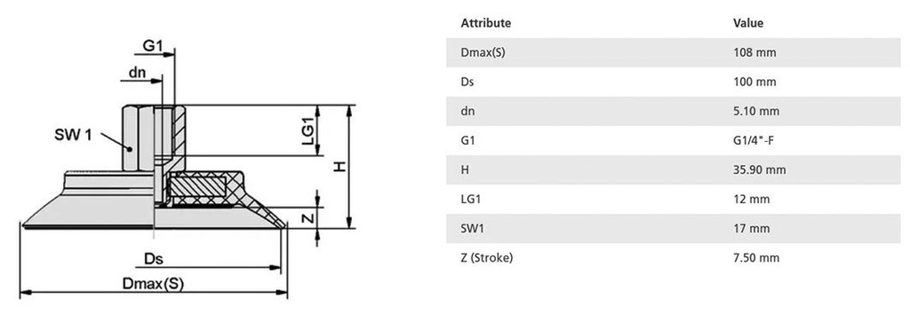 Suction cup; 100mm; 113.8g; G 1/4 F; Shore hardness: 55; 46.4cm3