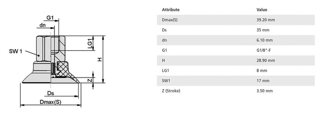 Suction cup; 35mm; 15.9g; G 1/8 F; Shore hardness: 55; 2.4cm3; SUF