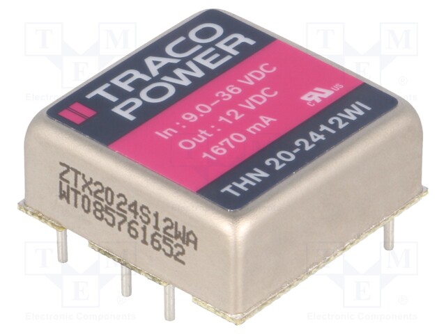 Converter: DC/DC; 20W; Uin: 9÷36V; 12VDC; Iout: 1670mA; 1"x1"; 15g