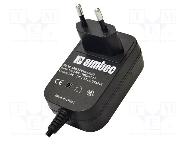 Power supply: switching; mains,plug-in; 24VDC; 1A; 24W; 84%; black