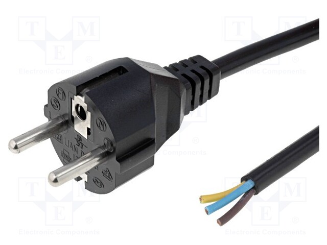Cable; CEE 7/7 (E/F) plug,wires; 5m; black; PVC; 3x1,5mm2; 16A