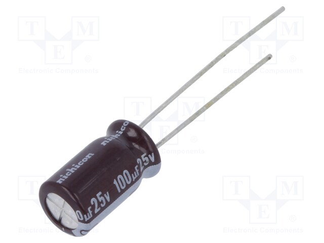 Capacitor: electrolytic; THT; 100uF; 25VDC; Ø6.3x11mm; Pitch: 2.5mm