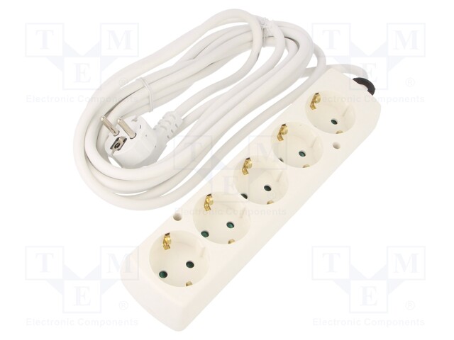 Extension lead; Schuko; Sockets: 5; white; 3x1,5mm2; 5m; 16A