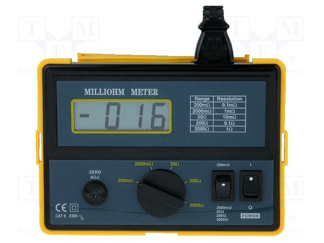 Milli-ohm meter; LCD (1999); 0.1÷200mΩ,2Ω,20Ω,200Ω,2kΩ; Plug: EU