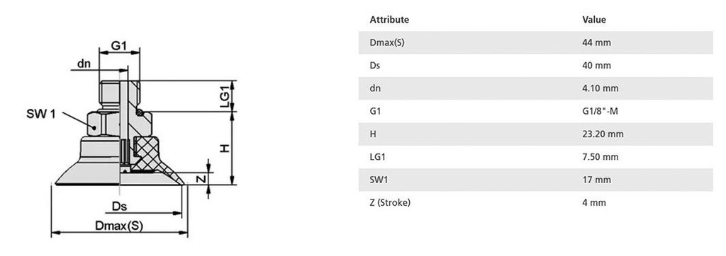 Suction cup; 40mm; 17.1g; G 1/8 M; Shore hardness: 55; 3.8cm3; SUF