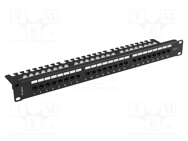 Patch panel; black; Number of ports: 24; Cat: 6; RJ45 socket x24