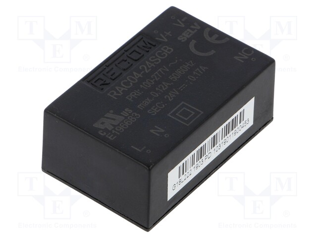 Converter: AC/DC; 4W; Uout: 24VDC; Iout: 170mA; 80%; Mounting: PCB