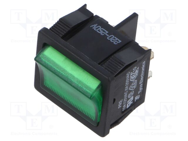 ROCKER; DPST; Pos: 2; ON-OFF; 6A/250VAC; green; Rcont max: 50mΩ; PR