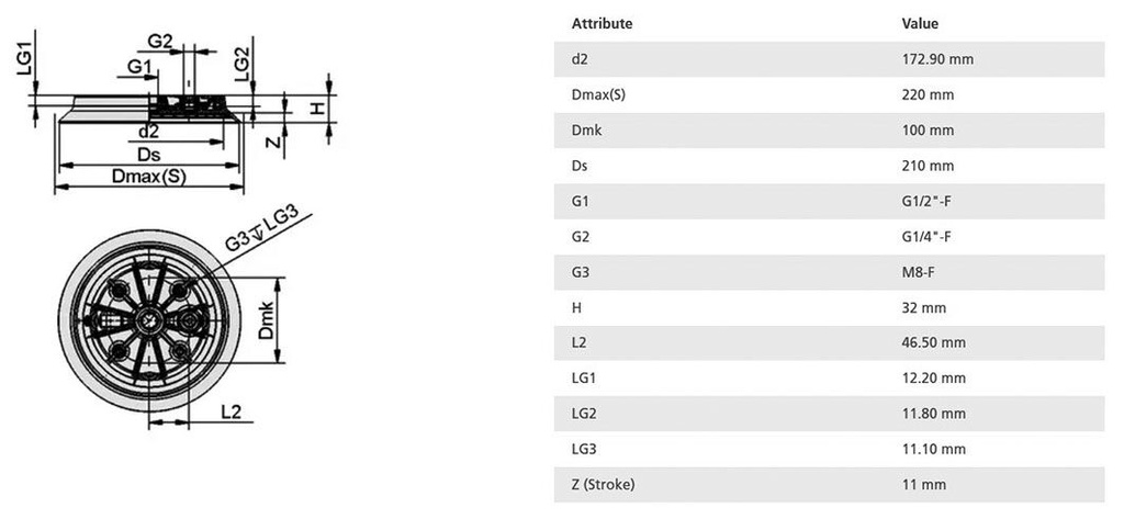 Suction cup; 210mm; 546g; G 1/2 F,G 1/4 F; Shore hardness: 60