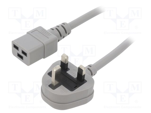 Cable; 3x1.5mm2; BS 1363 (G) plug,IEC C19 female; PVC; 2m; grey