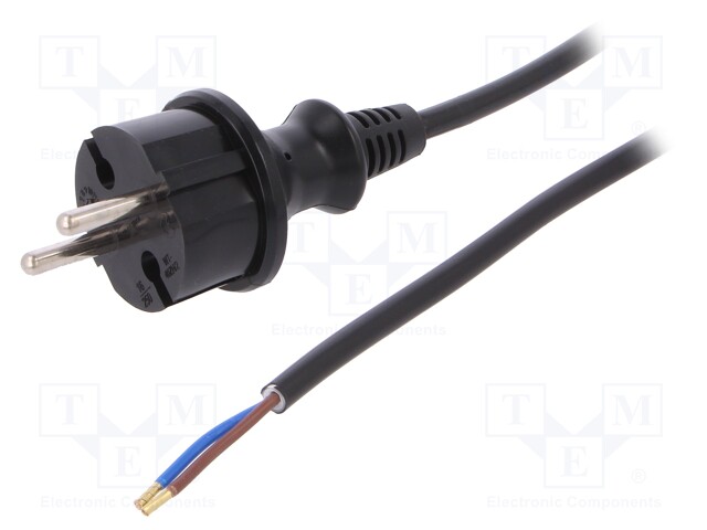 Cable; CEE 7/17 (C) plug,wires; 1.5m; black; PVC; 2x1mm2; 16A; 250V