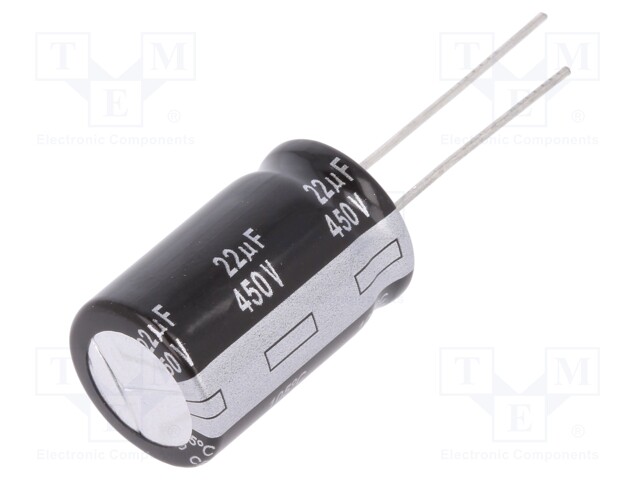 Capacitor: electrolytic; THT; 22uF; 450VDC; Ø16x25mm; Pitch: 7.5mm