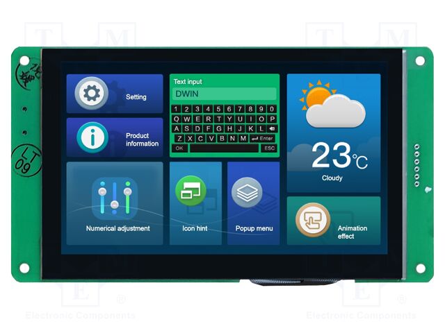 Display: TFT; 5"; 800x480; Illumin: LED; 16MBFLASH; RGB; 250cd/m2