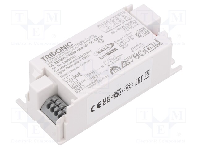 Power supply: switched-mode; LED; 28W; 7.5÷42VDC; 300÷700mA; IP20