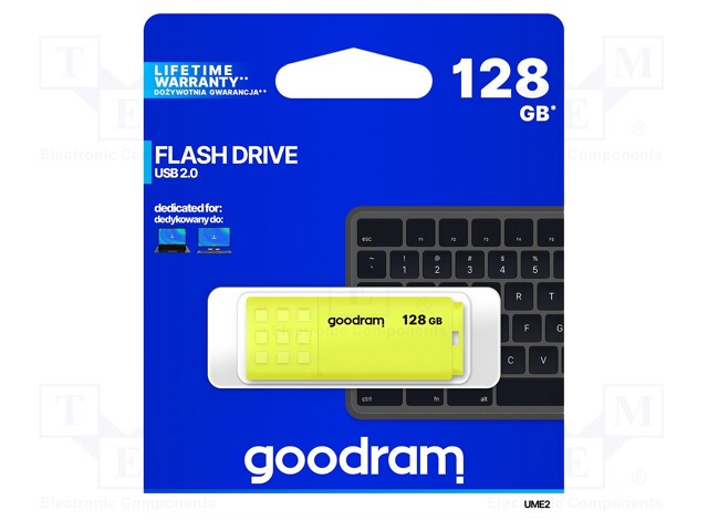 Pendrive; USB 2.0; 128GB; R: 20MB/s; W: 5MB/s; USB A; yellow