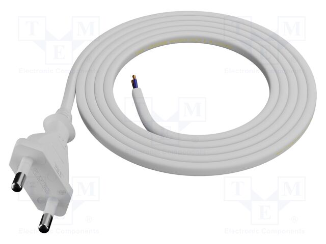 Cable; CEE 7/16 (C) plug,wires; 1.5m; white; PVC; 2x0,75mm2; 2.5A