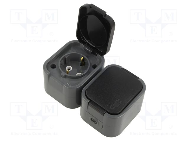 Connector: AC supply; socket; 2P+PE; 250VAC; 16A; grey; wall mount