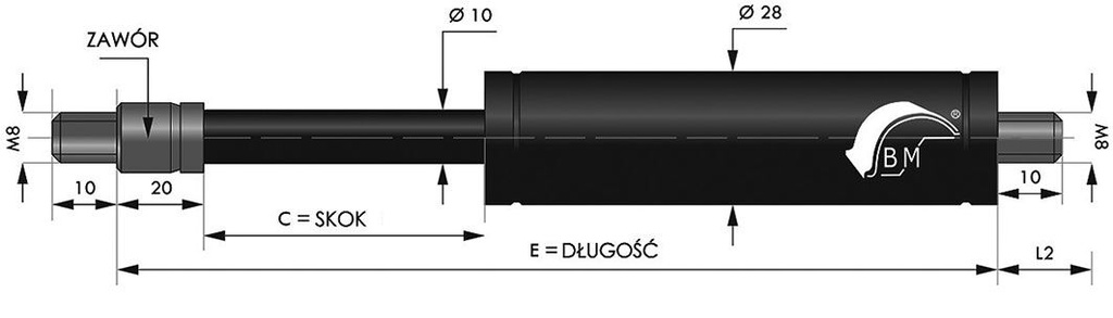 Gas spring; Thread: M8; E: 400mm; Øout: 28mm; Piston diam: 10mm