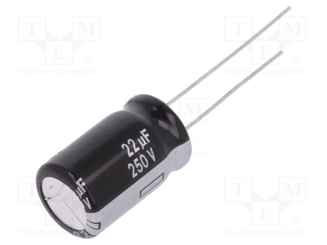 Capacitor: electrolytic; THT; 22uF; 250VDC; Ø12.5x20mm; Pitch: 5mm