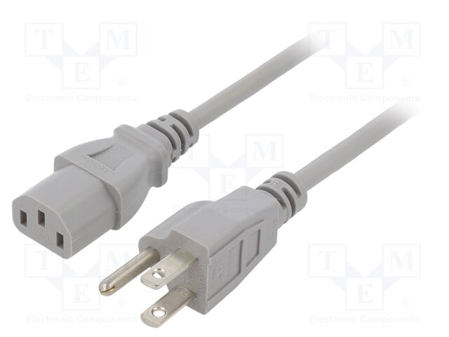 Cable; IEC C13 female,NEMA 5-15 (B) plug; PVC; 1.5m; grey; 10A
