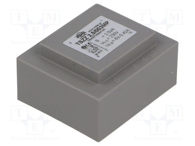 Transformer: encapsulated; 2.5VA; 230VAC; 6V; 0.41A; Mounting: PCB