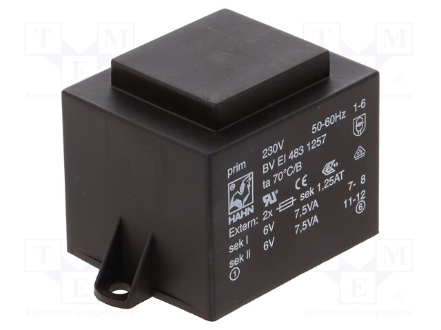 Transformer: encapsulated; 15VA; 230VAC; 6V; 6V; 1250mA; 1250mA