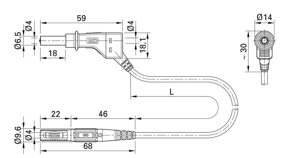 Test lead; 19A; banana plug 4mm,angular banana plug 4mm; Len: 2m