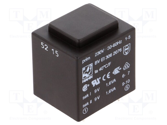 Transformer: encapsulated; 3.2VA; 230VAC; 9V; 9V; 178mA; 178mA; 135g