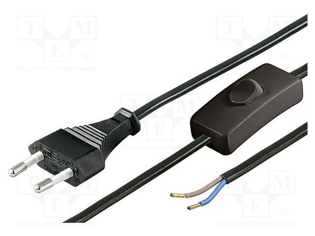 Cable; CEE 7/16 (C) plug,wires; 1.5m; with switch; black; PVC