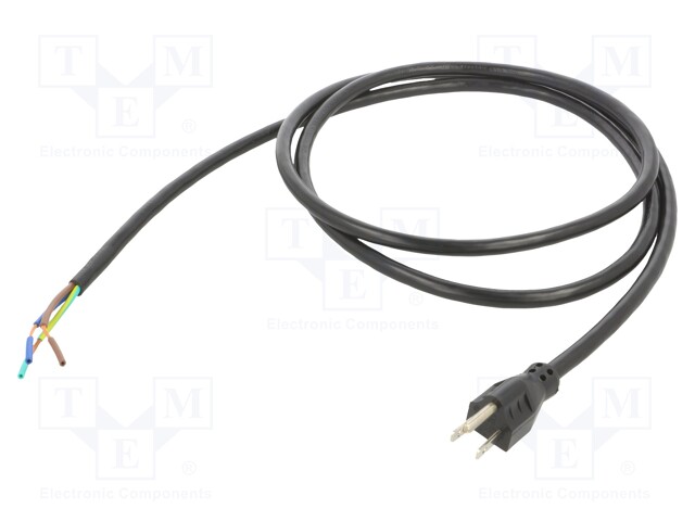 Cable; NEMA 5-15 (B) plug,wires; PVC; 2m; black; 3x14AWG; 15A; 125V