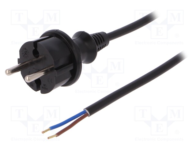 Cable; CEE 7/17 (C) plug,wires; 3m; black; PVC; 2x1mm2; 16A; 250V