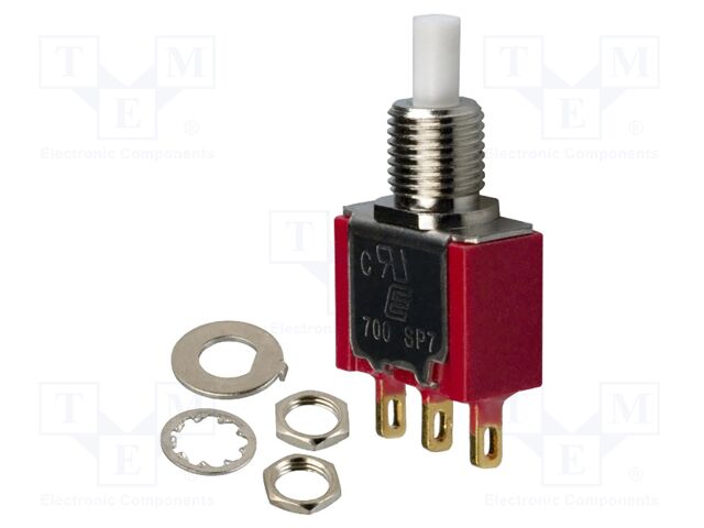 Switch: push-button; Pos: 2; SPDT; ON-(ON); Leads: for soldering