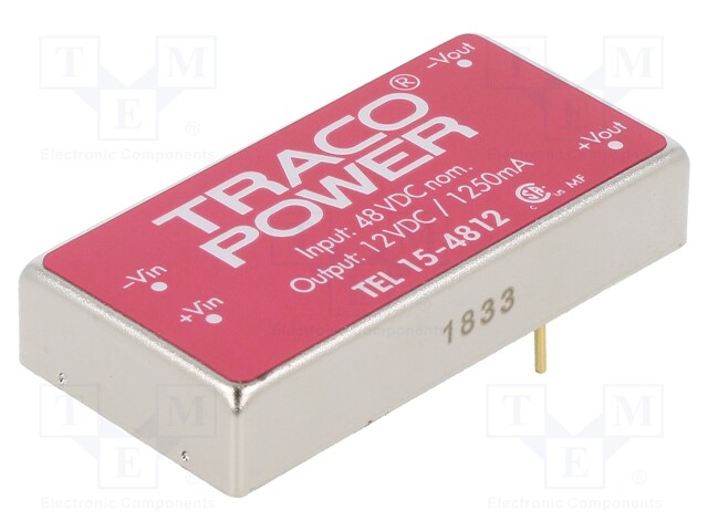 Converter: DC/DC; 15W; Uin: 36÷75V; Uout: 12VDC; Iout: 1250mA; 2"x1"