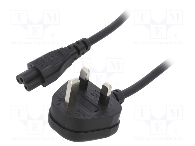 Cable; 3x0.75mm2; BS 1363 (G) plug,IEC C5 female; PVC; 1m; black